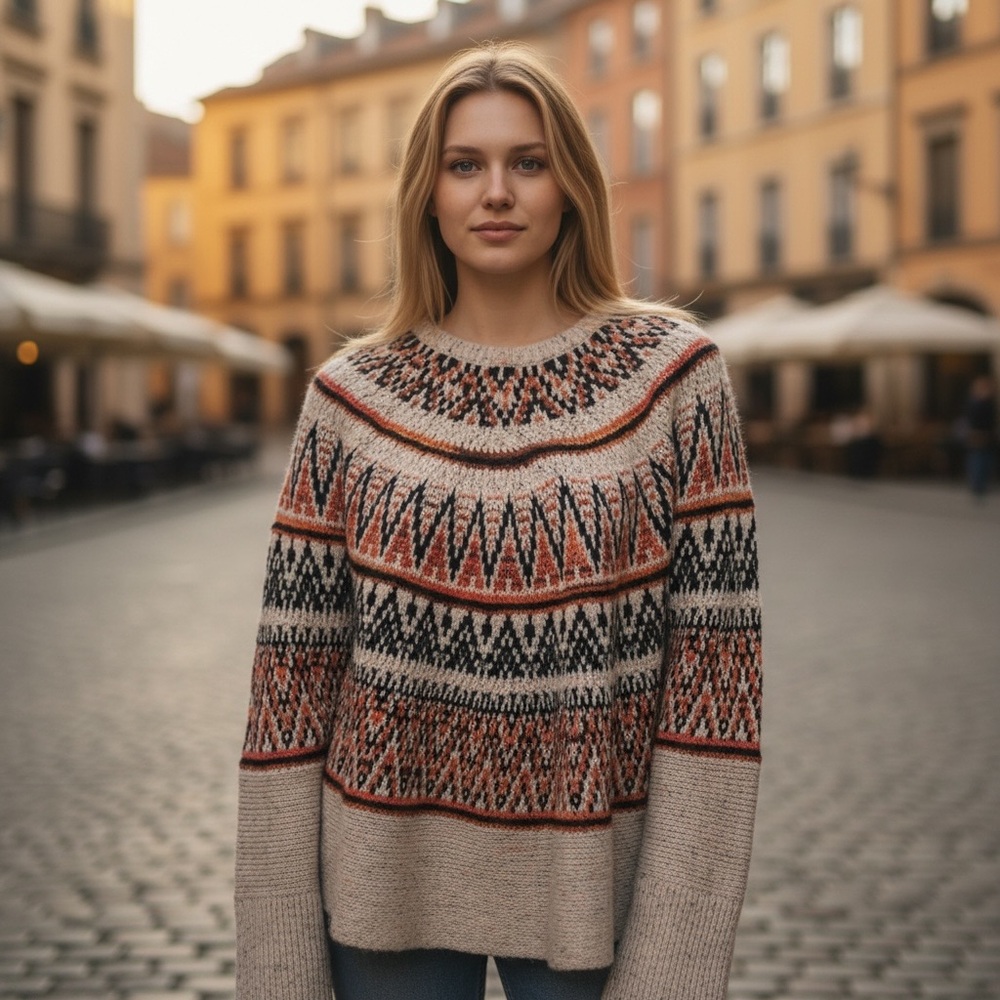 Michelle Nicole Nordic Beige and Red Patterned Sweater Size L